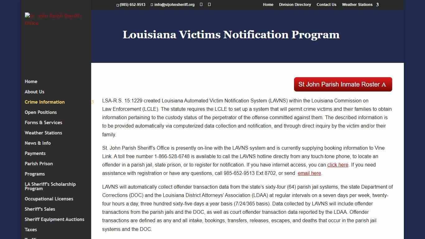 Louisiana Victims Notification Program St. John Parish Sheriff's Office